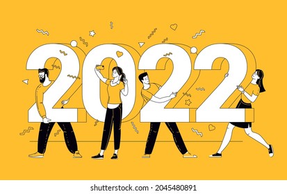 Design plano desenho desenho animado estilo New Year vetor conceito. Preparando-se para o novo ano de 2022. Pessoas construindo os números 2022. A equipe da empresa está se preparando para conhecer o ano novo.
