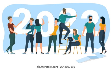 Flat design cartoon style New Year vector concept. Preparing to meet new year. People building the numbers 2022. Company team are preparing to meet the new year.