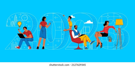 Diseño plano de dibujos animados concepto vectorial de Año Nuevo. Preparándose para el nuevo año 2023. Gente construyendo los números 2023. El equipo de la empresa se prepara para el nuevo año.