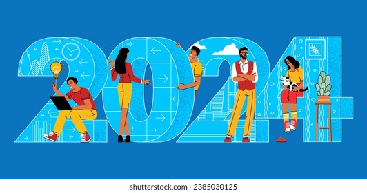 Flat design cartoon style New Year vector concept. Preparing to meet 2024 new year. People building the numbers 2024. Company team are preparing to meet the new year.