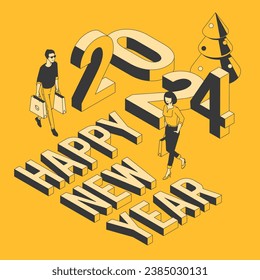 Flat design cartoon style New Year vector concept. Preparing to meet 2024 new year.