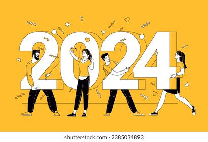 Flat design cartoon style New Year vector concept. Preparing to meet 2024 new year. People building the numbers 2024. Company team are preparing to meet the new year.