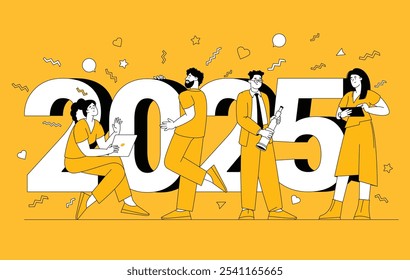 Flat design cartoon style New Year vector concept. They are preparing to meet 2025 new year. People are building the numbers 2025. The company team is preparing to meet the new year.