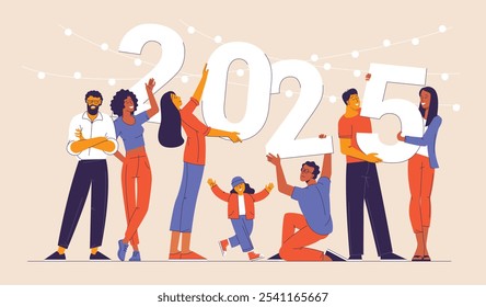 Design plano desenho desenho animado estilo New Year vetor conceito. Preparando-se para 2025 Ano Novo. As pessoas estão construindo os números 2025. A equipe da empresa está se preparando para conhecer o ano novo.