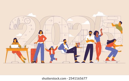 Flat design cartoon style New Year vector concept. Preparing to meet 2025 new year. People are building the numbers 2025. The company team is preparing to meet the new year.