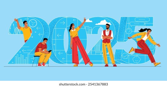 Flat design cartoon style New Year vector concept. They are preparing to meet 2025 new year. People are building the numbers 2025. The company team is preparing to meet the new year.