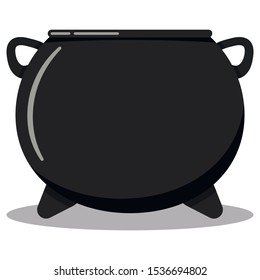 Flat design cartoon style vector black cast-iron empty cooking pot, camping boiler, iron witches cauldron halloween icon with leg boiler isolated on white background. 