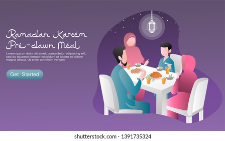 flat design cartoon vector illustration ramadan kareem. happy family to have pre dawn meal / suhoor together, with food and drinks on the table lit by lanterns and a starry sky. website, ui, homepage