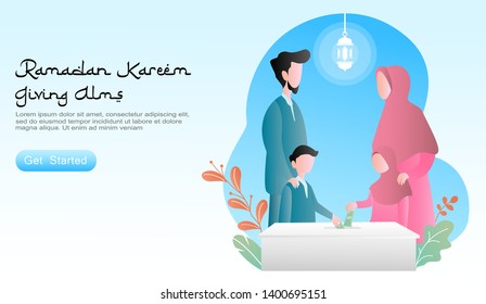 dibujo de diseño plano ilustración vectorial ramadan kareem. juntos la felicidad familiar los padres enseñando a los dos hijos dan limosnas en la caja de caridad.  conjunto de plantas, linterna. página de inicio, sitio web, ui