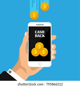 Flat design of cash back sticker, labels, emblem. Gold coins in smartphone, money movement. Cashback or money refund concept. Vector illustration.