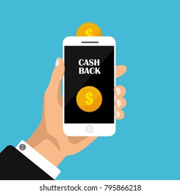 Flat design of cash back sticker, labels, emblem. Gold coins in smartphone, money movement. Cashback or money refund concept. Vector illustration.