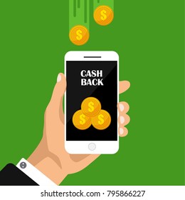 Flat design of cash back sticker, labels, emblem. Gold coins in smartphone, money movement. Cashback or money refund concept. Vector illustration.