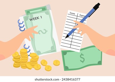 Flat design of cash stuffing vector, money stuffing in envelope vector, woman is saving money vector, budget planning vector, woman is planning on weekly budget, income and expense management.