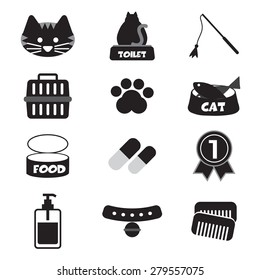 Flat Design Cat Black Icon Set Vector Illustration