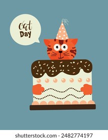  Flaches Design Katzentag Illustration mit Katze und Kuchen