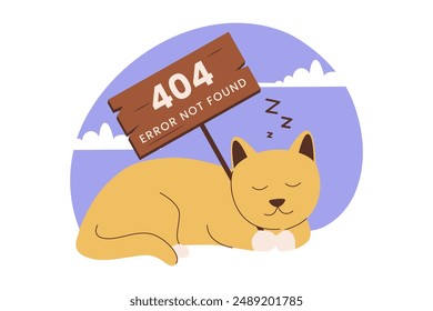 Flat design of cat sleeping with 404 error page not found. Illustrations for websites, landing pages, mobile applications, posters and banners. Trendy flat vector illustration