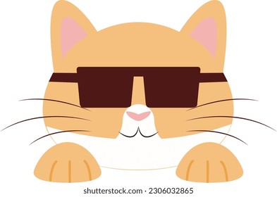 a flat design of a cat wearing glasses, a cat in orange and white, this design can be used as a decorative element and as an emoticon
