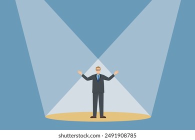 A flat design of a Caucasian male businessman with 8 heads to the body. Illustration of a performance in the spotlight standing on stage.