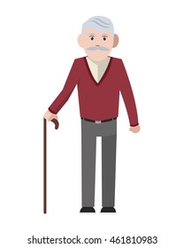 flat design caucasian senior man with cane icon vector illustration