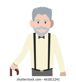 flat design caucasian senior man with cane icon vector illustration