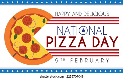 Flat design to celebrate a delicious National Pizza Day with one sliced and served with pepperoni, basil leaves and onions.