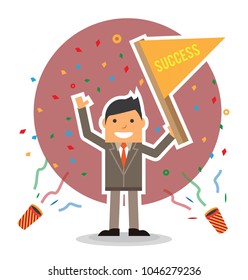 flat design celebration colorful confetti of handsome cute business man holding a success flag