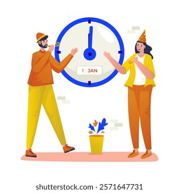 Flat design celebration of first January, Happy couple celebrating new year, Vector illustration