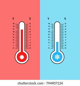 Flat design of celsius and fahrenheit meteorology thermometers. Measuring hot and cold temperature. Snowflake, sun icons. Vector illustration.