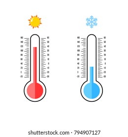 Flat design of celsius and fahrenheit meteorology thermometers. Measuring hot and cold temperature. Snowflake, sun icons. Vector illustration.