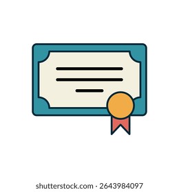 Flat design certificate icon with award ribbon and decorative border in blue and cream colors