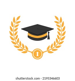 Diseño plano del icono de sombrero toga de certificado con diseño de vector de laurel y agujero de cerradura aislado