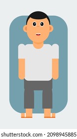 flat design character. The black haired man wearing a gray shirt is daydreaming and thinking