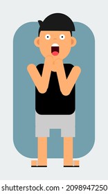flat design character. The black haired man wearing a black sleeveless shirt is being surprised