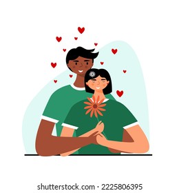 Flat design character of boy hug his girlfriend. Young couple cuddling and in love ilustration vector. Cute couple dating ilustration.