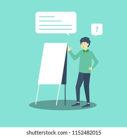 flat design character. business man, employee or teacher with a board.