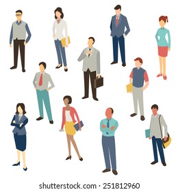 Flat design character of business people, man and woman, full length, isolated on white, bird-eye-view. 