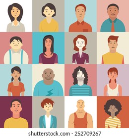 Carácter plano de diseño de gente diversa sonriendo.