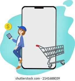Flat design character e-commerce electronic payment concept. Vector illustration cartoon isolated on white background. Mobile market shop smartphone with cart. People purchase digital web online. 