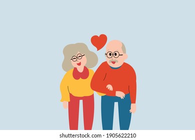 Flat design character of elderly married couple. cute husband and wife love and hold hands to each other. medical care of mature people concept. Insurance of old people.