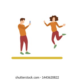 Flat Design Character of a Guy Taking a Picutre of a Jumping Woman, Human Activities Pose
