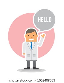 flat design character illustration cute doctor handsome smile and say hello with speech bubble