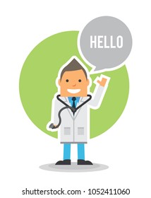 flat design character illustration cute handsome doctor man with stethoscope smile and say hello with speech bubble