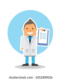 flat design character illustration of handsome cute young doctor happy, complete the to do list task with checklist