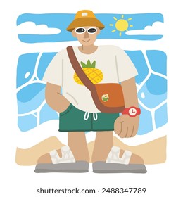 Flat design character illustration of a nice stylish traveler with beach background