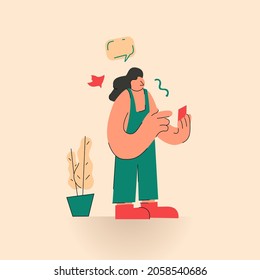 Flat design character illustration, playing smartphone flat vector illustration 