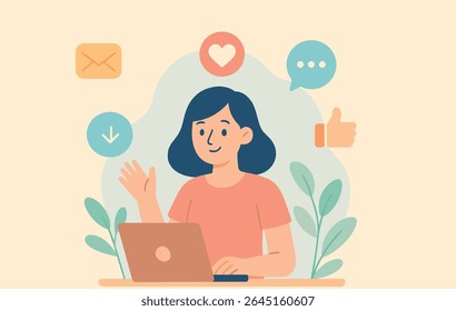 Flat Design Character Illustration of a Social Media Worker Using a Laptop Outdoors with Nature Background, Surrounded by Digital Icons in Soft Pastel Colors, Perfect for Web and Social Media Content