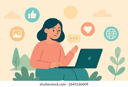 Flat Design Character Illustration of a Social Media Worker Using a Laptop Outdoors with Nature Background, Surrounded by Digital Icons in Soft Pastel Colors, Perfect for Web and Social Media Content