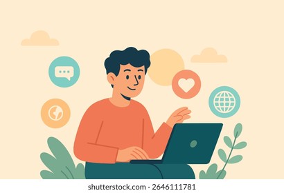 Flat Design Karakter Illustratie van een Social Media Worker Met behulp van een Laptop Outdoor met de Natuur Achtergrond, Omgeven door Digitale Pictogrammen in Soft Pastel Kleuren, Perfect voor Web en Social Media Content