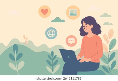 Flat Design Character Illustration of a Social Media Worker Using a Laptop Outdoors with Nature Background, Surrounded by Digital Icons in Soft Pastel Colors, Perfect for Web and Social Media Content