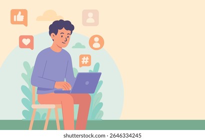 Flat Design Character Illustration of a Social Media Worker Using a Laptop Outdoors with Nature Background, Surrounded by Digital Icons in Soft Pastel Colors, Perfect for Web and Social Media Content